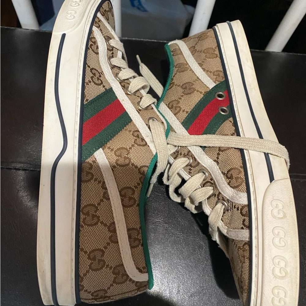 Gucci Beige Monogram Sneakers with Red and Green Accents
